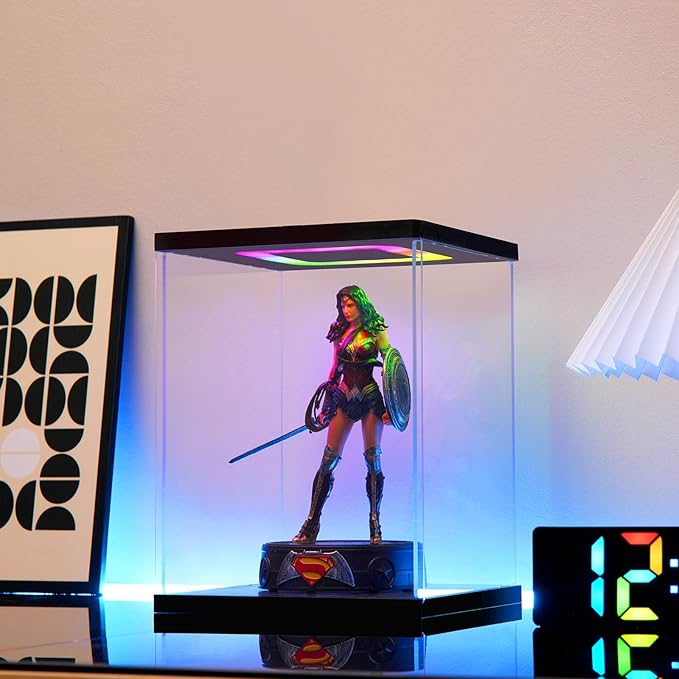 Clear Acrylic Display Case with Light for Lego Helmet, Multiple Color Lights Dustproof Protection Display Box for Collectibles Action Figures（7×7×9inch）