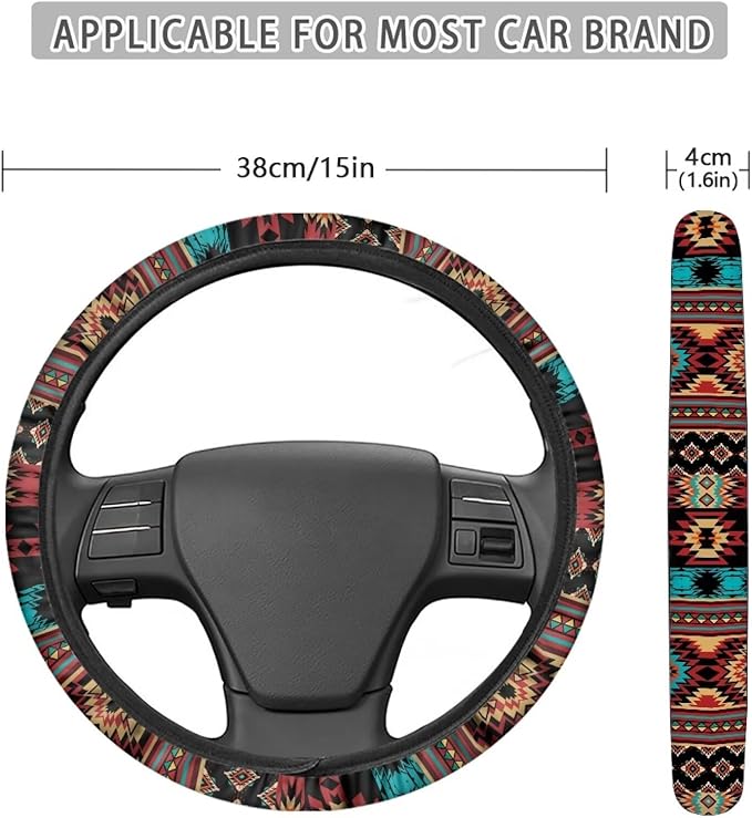 SEANATIVE Car Steering Wheel Cover for Men Breathable Anti Slip Auto Steering Wheel Covers fit Standard Size 15inches, Brown Aztec Geometric Print