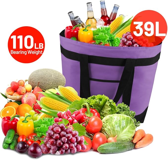mosago Insulated Grocery Tote Bags, Large Reusable Cooler Bags with Zipper, Leakproof Thermal Shopping Bags for Food Delivery, Beach, Travel, Uber Eats & Picnic, Collapsible Personalized, Purple