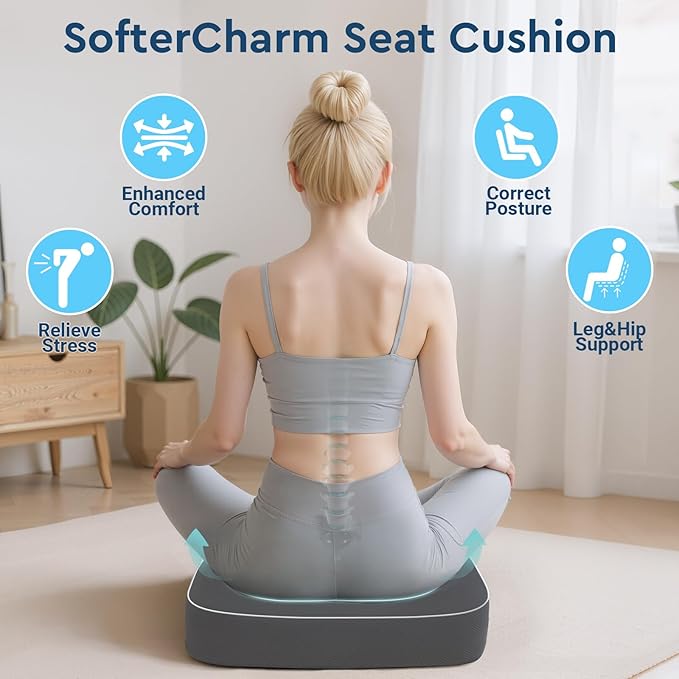 Seat Cushion, Memory Foam Office Chair Cushions for Long Sitting Hours, Chair Pad for Sciatica, Coccyx, Tailbone, Hip Pain & Pressure Relief, Office, Home, Car Seats, Airplane, Gray/Large