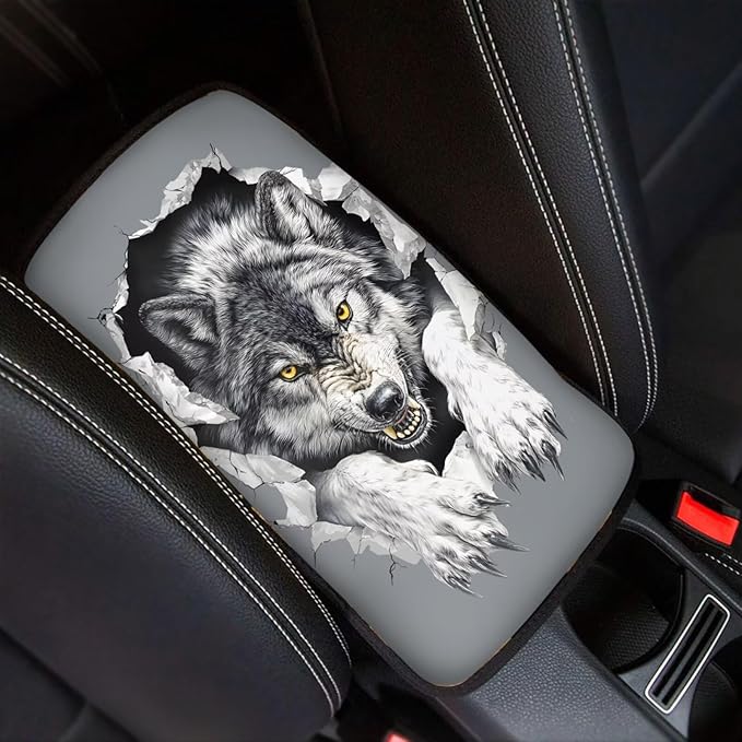Wolf Print Car Center Console Armrest Cover Pad Universal Decorative Armrest Cover Pad for Truck Sedan SUV, Car Interior Decor Accessories