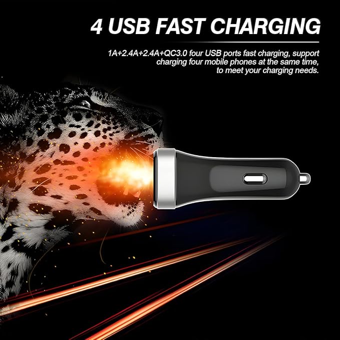 USB Car Charger Adapter, 4 Ports QC3.0 Cell Phone Fast Charger, Multi-Port Smart Quick Charger, Auto Charge Adapter for Cigarette Lighter, Compatible with iPhone, Samsung, All Smartphones