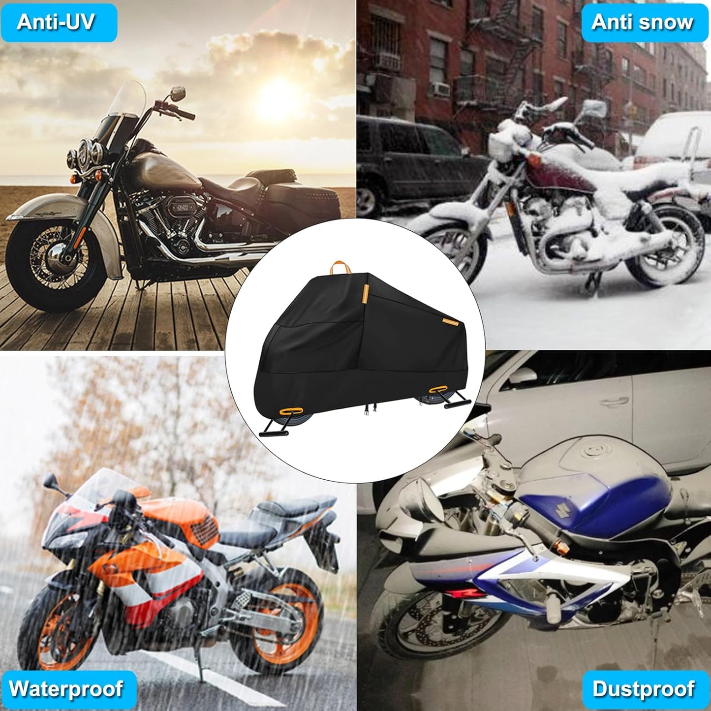 Motorcycle Cover Waterproof Outdoor, 300D Heavy Duty Motorcycle Cover for Harley Davidson Sportster 1200 883 Fat Boy 114 Street Bob, All Seasons Protection Scooter Cover Fits up to 96" - Black