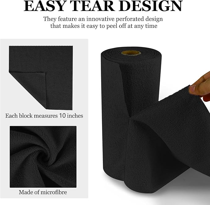 wuyaoyao 50PCS Microfiber Cleaning Cloth Roll, 10"×10" Tear Away Microfiber Towels, Reusable Washable Cloth Paper Towels, Multi-Purpose Cleaning Rags for Car Home Kitchen Garage Shop (Black)