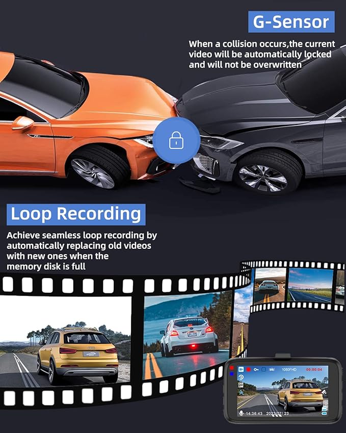 Dash Cam Front and Rear Camera, Biuone 1080P Dash Camera for Cars, Dash Cam with 3'' IPS Screen with Night Vision, G-Sensor, WDR, Loop Recording, 24/7 Parking Monitor