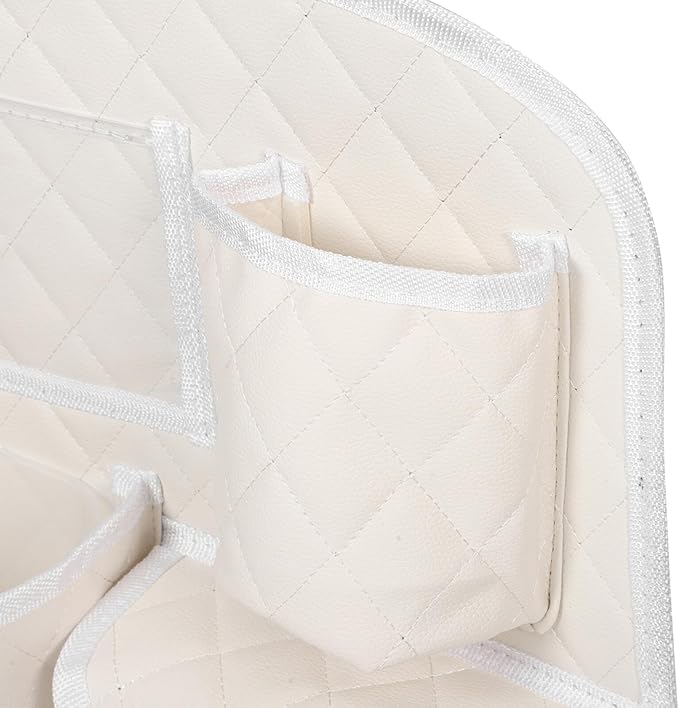 Car Seat Back Storage Organizer Bag, Multifunctional Leather Backseat Car Organizer with Hanging Pockets, Beige Quilted Design for Suv and Family Travel Interior