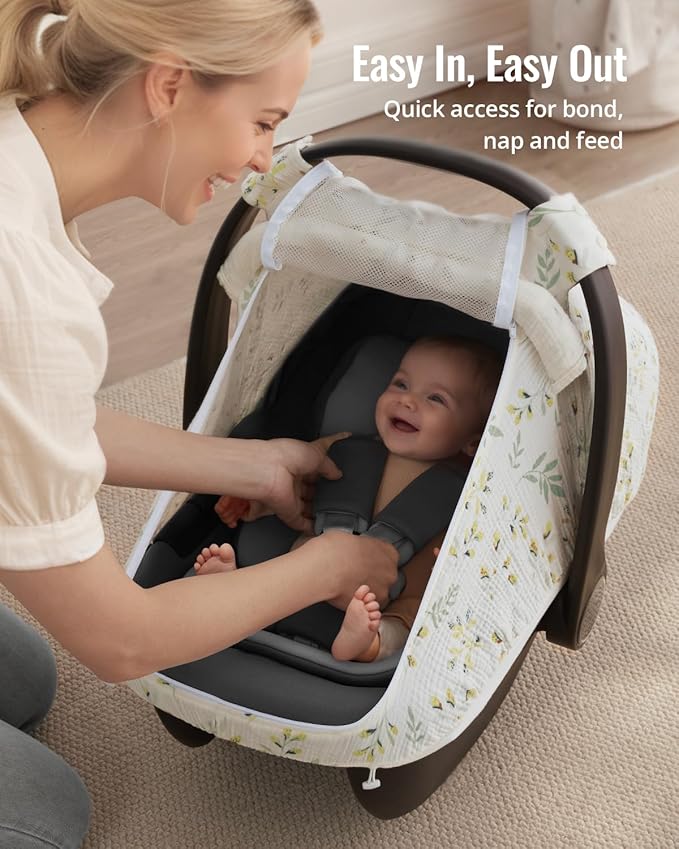 Blissful Diary Baby Car Seat Cover, Extra Large Mesh Window, Breathable Muslin Cotton, Infant Windproof Canopy, Must-Have Baby Gift - Botanical Leaf