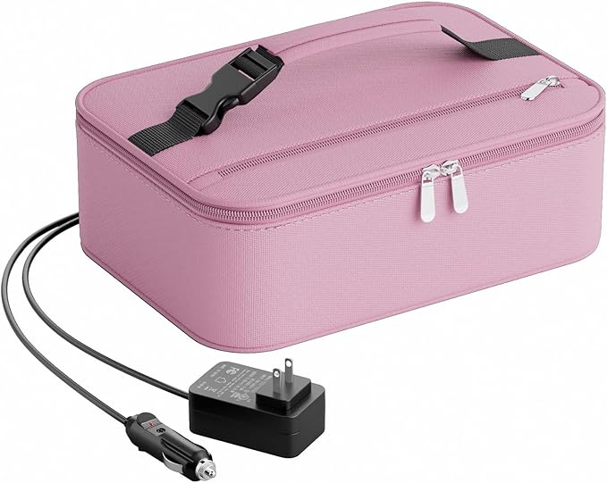 Portable Food Warmer - Heated Lunch Box for Adluts - Electric Thermal Lunch Bag with Buckle Handle, Heating Food Warmer Bags for 12V/24V Car & Truck, 110V/220V Home/Office, Pink