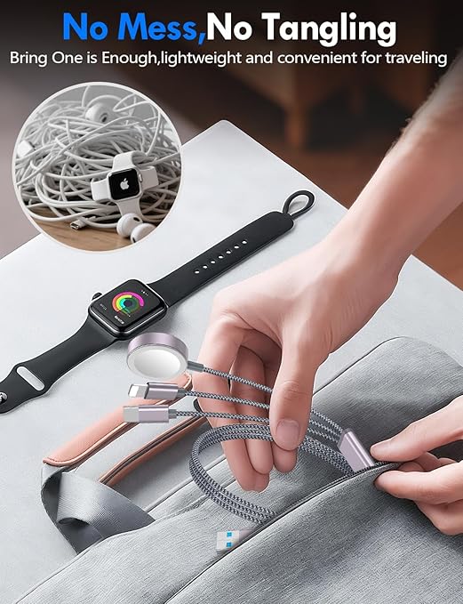 1Pack Multi Charging Cable Cord for Travel Essentials,Apple Watch Charger,iPhone Charger,[3-in-2] Type C/Lightning Cable Portable Designed for iWatch,iPhone 17-8,Galaxy S25-21,AirPods,iPad-1.5M Gray