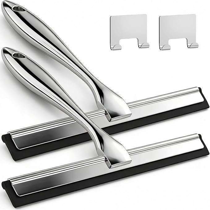ALFLOD 2PACK All-Purpose Shower Squeegee for Shower Doors, Tile Shower Walls, Bathroom, Window, Glass and Car Windshield, Mirrors and Kitchen-Stainless Steel, 9.9-Inch, Silver