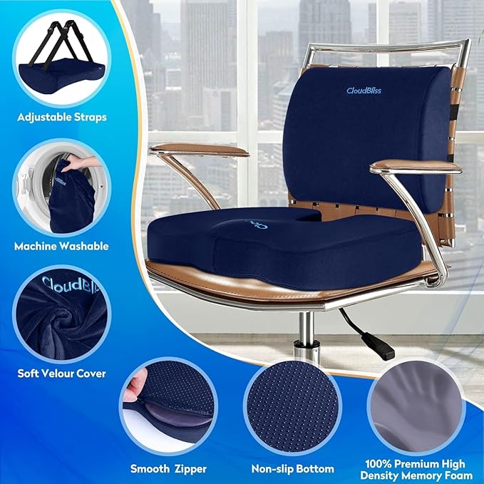 CloudBliss Lumbar Support Pillow & Seat Cushion Set for Office Chair, Desk Chair, Wheelchair & Car – Memory Foam Back Support, Ergonomic Chair Cushions, Sciatica Pain Relief, Home Essentials, Blue