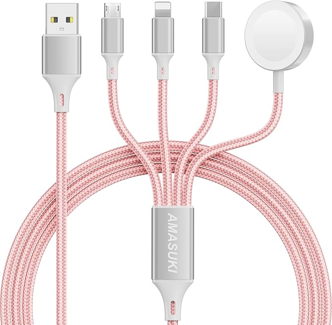 Amasuki Travel Essentials,4 in 1 for Apple Watch Charger/iPhone Charger/Multi Charging Cable,Vacation RV Camping Essentials,USB C/L/Micro Portable Charger for iWatch 11-1/iPhone 17-12,Car&Gift-Pink