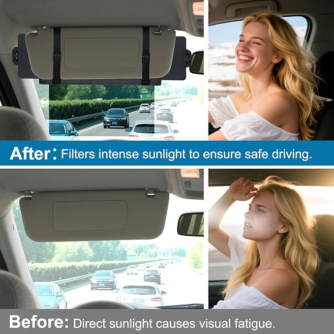 Sun Visor Extender for Car, Visor Extender Sun Blocker, Sun Visor Extension with Anti-Glare Lens Blocks UV & Sunlight, Adjustable Car Sun Visor for Safe Driving (2 Pack)
