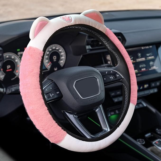 Car Steering Wheel Cover, 15 Inch Fluffy Soft Plush Auto Protector, Anti-Slip Elastic Lovely Car Cover Accessories with Kitty Cat Ears Universal for Most Cars (Fluffy-White+Light Pink)