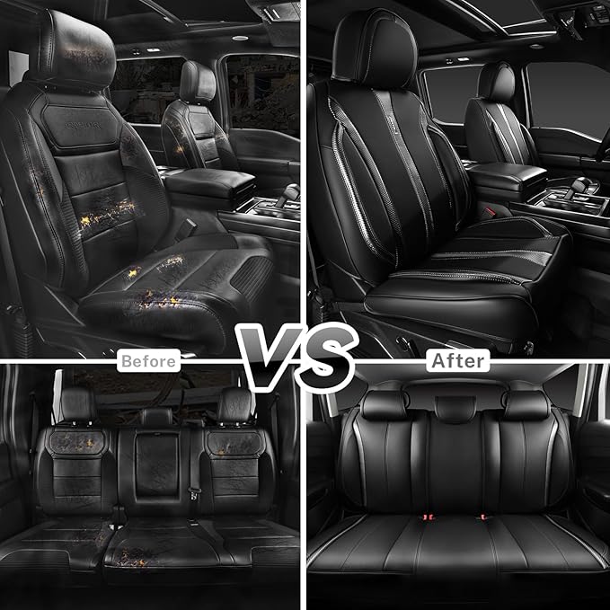 CAR PASS Nappa Leather Car Seat Covers Cushioned, Waterproof Leatherette Seat Covers Anti-Slip 5 Seats, Universal for Cars,SUV,Pick-Up,Truck,Sedan,Vehicles Sports(Full Set Black Charcoal Carbon Fiber)