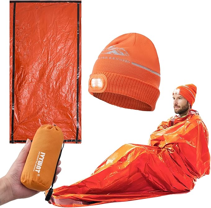 Emergency Sleeping Bag & LED Beanie Hat Set, Waterproof Thermal Mylar Bivy Sack, Portable Survival Gear for Hiking, Camping, Bug-Out Bags & Emergency Kits