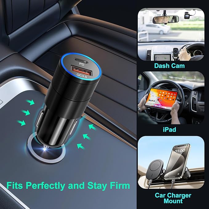 Car Charger USB C, 2 Pack 36W Dual Ports USB-A & USB-C Car Charger Adapter QC/PD 3.0 Fast Charging Cigarette Lighter Phone Plug for iPhone 17 16e 15 Pro Max Galaxy Pixel Android Cargador para Carro