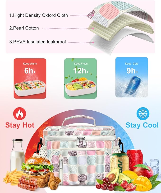 Insulated Lunch Bag for Men & Women, 9L Leakproof Lunch Box Soft Cooler Tote with 5 Pockets, 600D Oxford, EVA Lining, Adjustable Strap for Work, Picnic, Beach&Travel-Corduroy Colorful Plaid