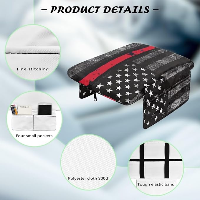 Tupalatus Firefighter Flag Car Center Console Cover Non-Slip Armrest Cushion Cover Pad Easy Installation Car Armrest Seat Box Covers with Storage Pockets for Cars Trucks and SUVs