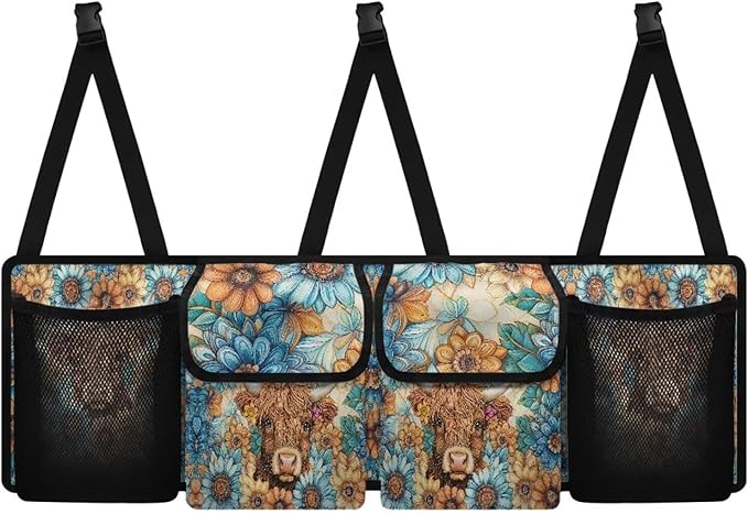 Hippie Floral Highland Cow Trunk Organizer Car Women Large Capacity Car Back Seat Organizer Car Organization with Lid