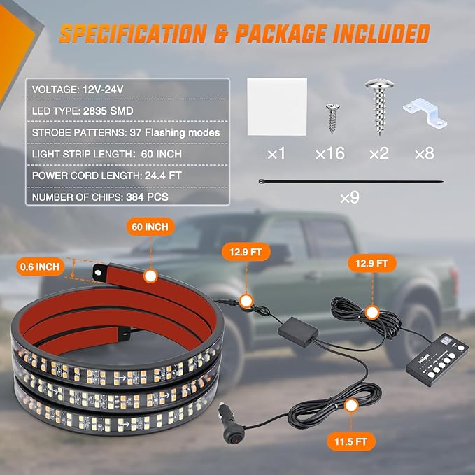 Nilight 60 Inch Emergency Strobe Light Strips with Controller, 384LED Flashing Warning Hazard Safety for Rear Window Tailgate on Truck Trailer Construction Plow Pickup Tow SUV Vehicles, Amber White