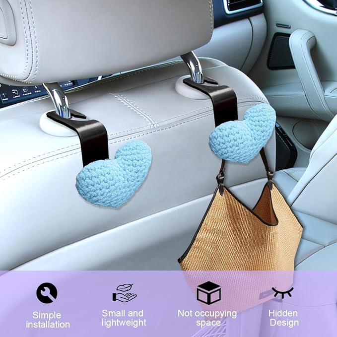 2PCS Car Headrest Hook, Cute Wool Heart Vehicle Seat Hangers for Umbrellas Grocery Bags, Automotive Interior Backseat Storage Organizer Hook, Universal for SUV, Sedan, Truck (Blue)