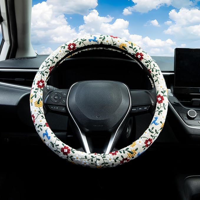 Embroidered Red Flower and Cute Daisy Steering Wheel Cover Auto Anti-Slip Breathable Rubber Steering Wheel Protector,Floral Car Accessories for Women,Universal Size Fit Most Cars -15 inch