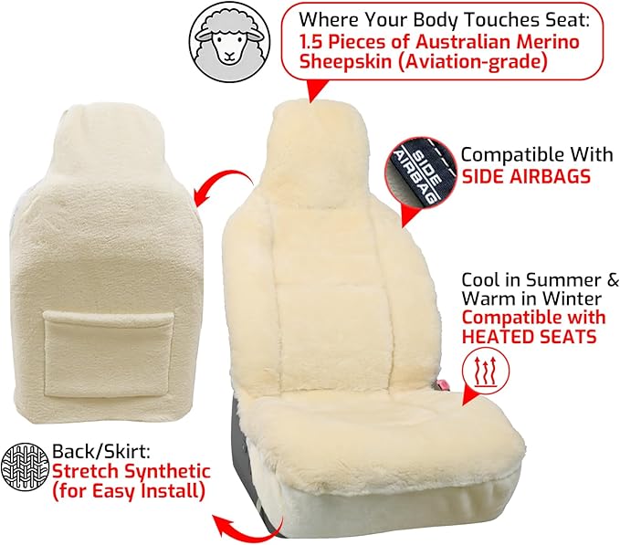 Aegis Cover Premium Australian Merino Sheepskin Car Seat Cover, Highback Easy-Install Universal Fit for SUV Truck Sedan Most Vehicles (FS-Cream)
