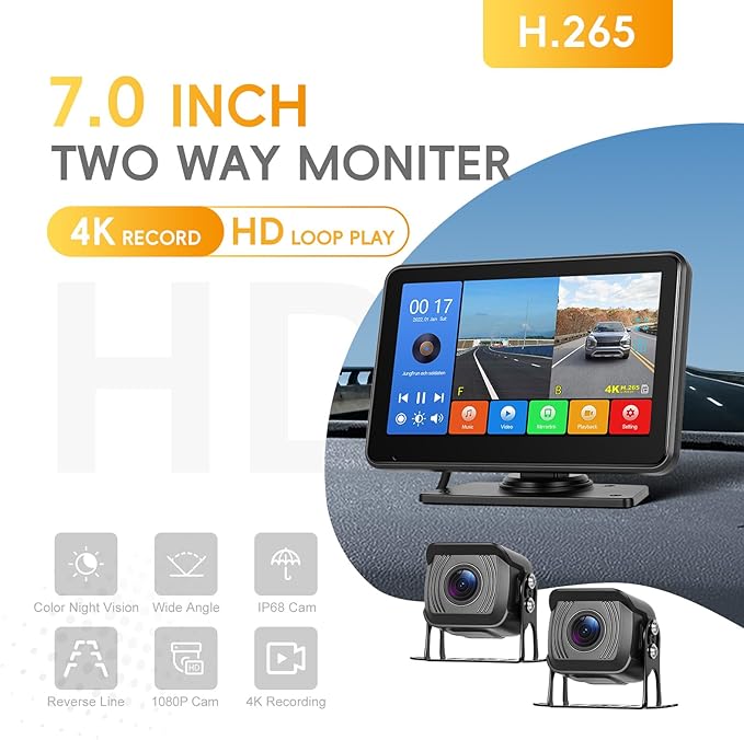 4K Wired Reverse Rear View Backup Camera System 7" Included AHD 1080P Cameras, IP68 Waterproof, Night Vision, BSD, Loop Recording fit for Tractor Truck Excavator Caravan Skid Steer Heavy Equipment