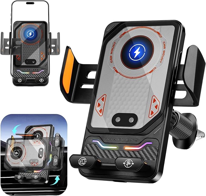 Wireless Car Phone Charger Holder, Smart Auto-Clamping Fast Charging Car Phone Holder with Atmosphere Lights, Rotating Air Vent Mount Compatible with All Smartphones (Black)