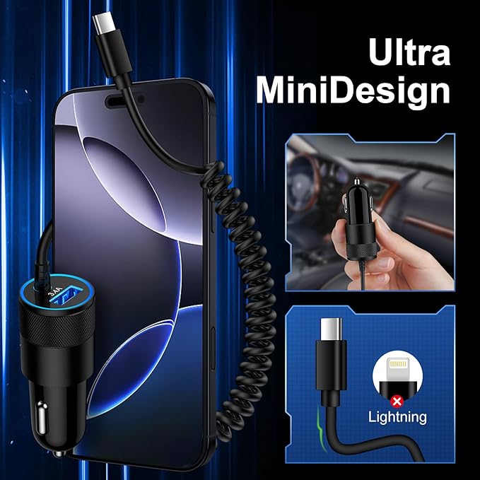 Samsung A17 Type C Fast Car Charger with 3ft USB C Coiled Cable for Galaxy S26/S25 Ultra/A16/A56/A15/A55/A35/A54/A14/A13 5G/Z Fold7/Pixel 10a/10/9 Pro/iPhone 17, 3.4A Android Car Phone Charger Adapter