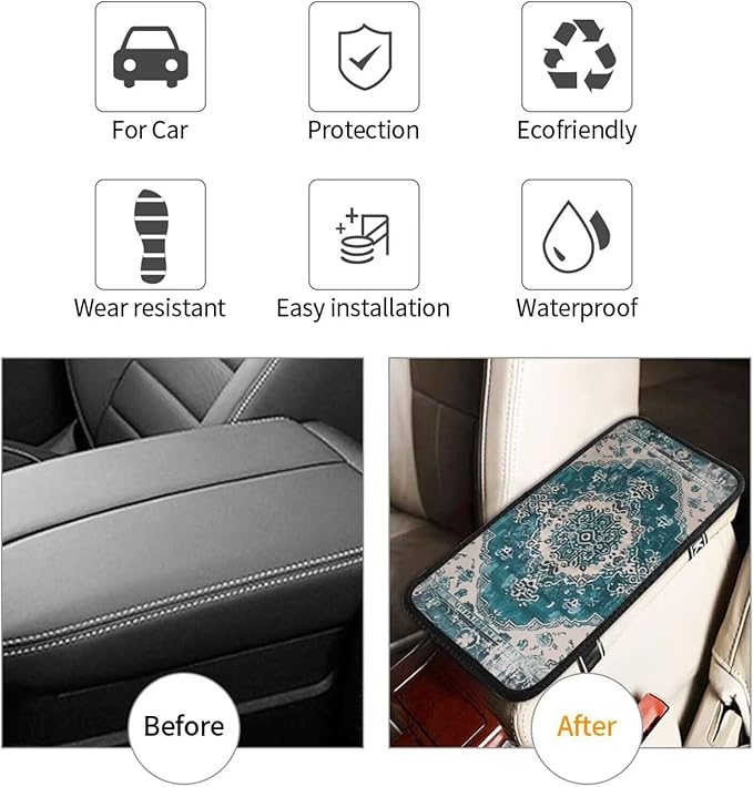 Car Center Console Cushion Pad Aztec Turquoise Universal Armrest Seat Box Cover Protector Southwest Navajo Comfortable Native American Boho Car Accessories for Most Cars, Vehicles, SUVs