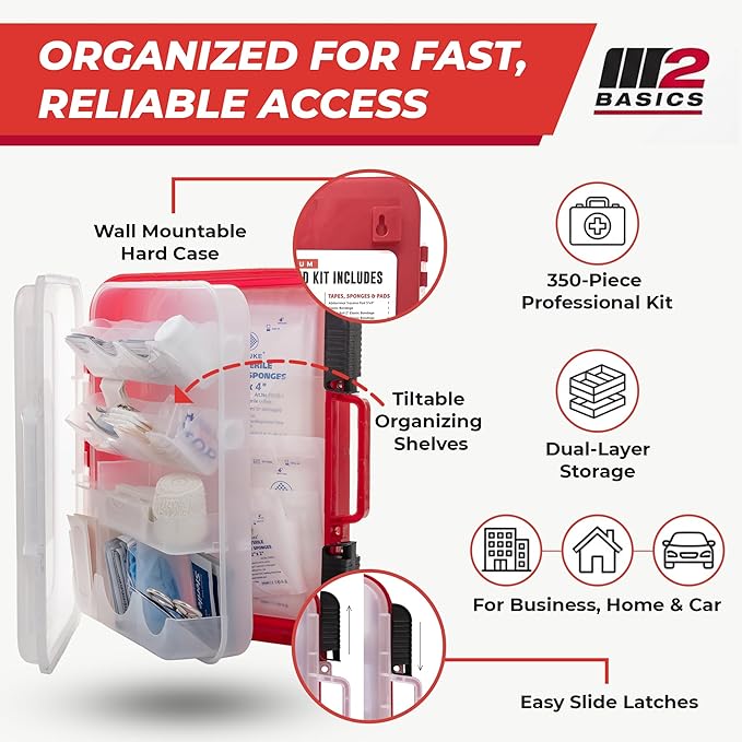 M2 BASICS 350 Piece First Aid Kit, Wall Mount Hard Case with Dual Layer Compartments for Workplace, Office, Warehouse, Home, Car