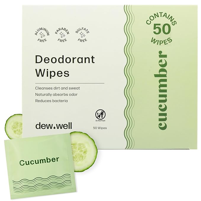 Dew Well Deodorant Wipes - Individually Wrapped Travel Wipes - On-the-Go Travel Toiletries - Natural Deodorant Formula - 50 Count, Pack of 1, Cucumber