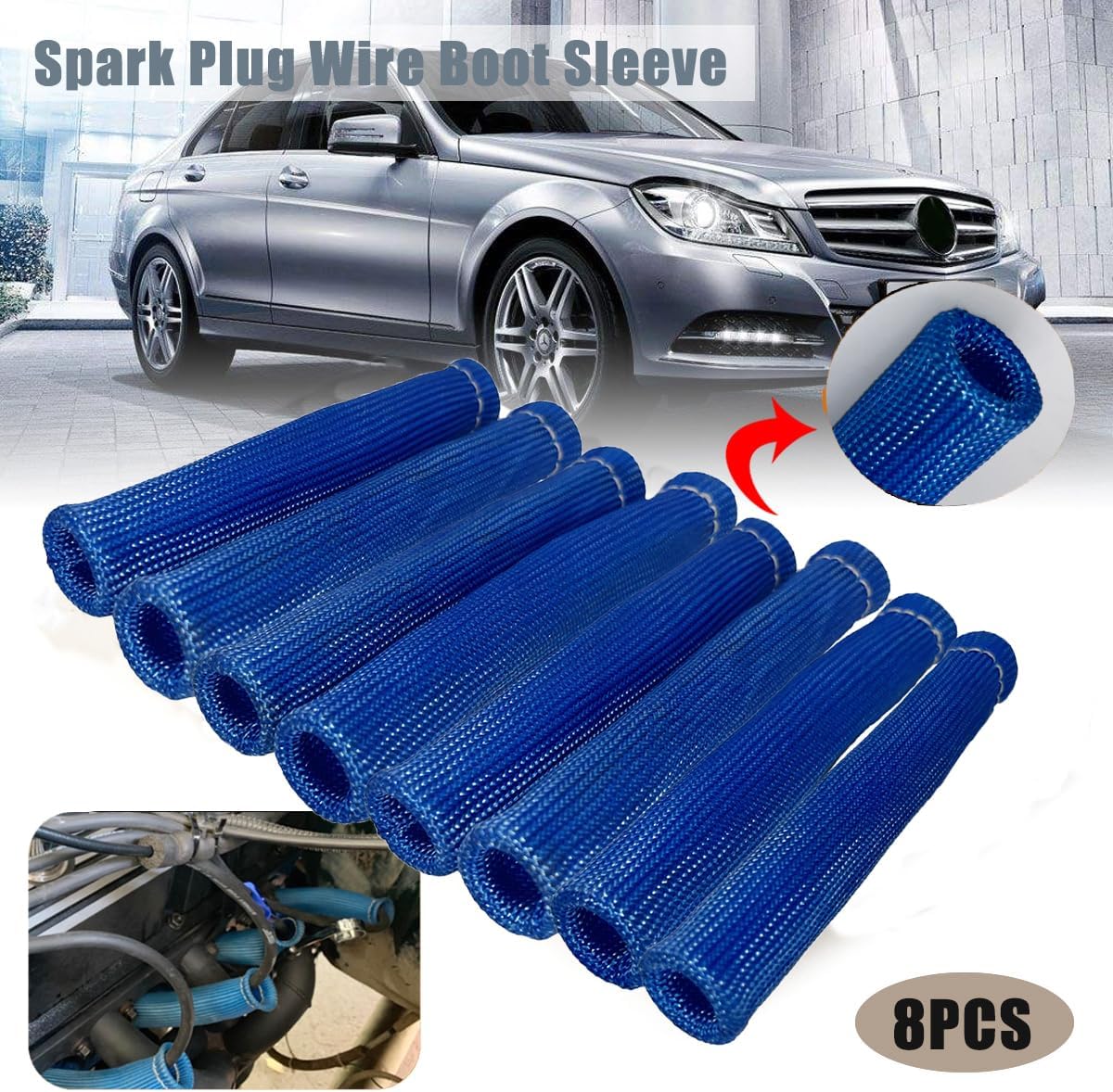 Spark Plug Wire Heat Shield 8PCS Spark Plug Boots Thermal Protection Sleeve 1200 Degree 6 inch Spark Plug Heat Cover Wrap for Car Truck (Blue)