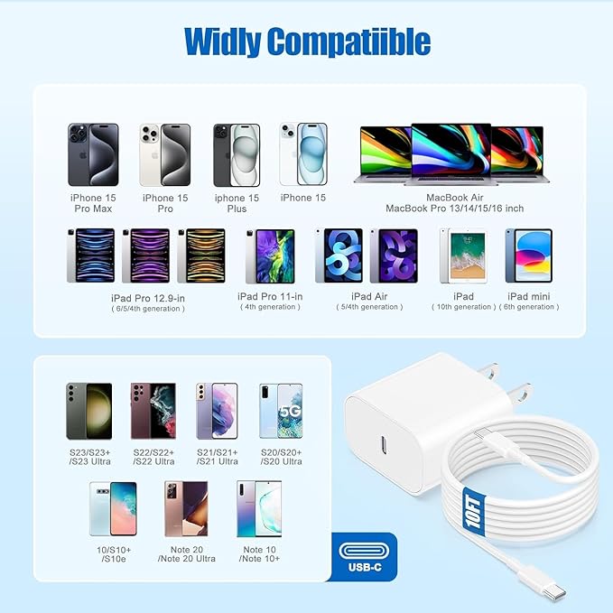 iPhone 17 16 15 Fast Charger Block and 10ft Type C to C Cable Cord Long, 20W USB C Charging Plug for Apple iPhone 17 Pro Max/17 Air/16 Pro Max/16/15 Pro/15 Plus/iPad Mini,Wall Power Adapter Cube Brick
