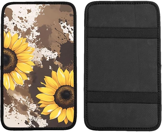 Universal Car Center Console Cushion Pad, Sunflower Flowers Brown Soft Waterproof Car Center Console Cover Auto Armrest Seat Box Cover Protector for Most Vehicle SUV Truck Car