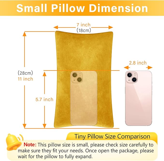 2 Pack Small Pillow, Memory Foam Mini Pillow 11 X 7 Inches for Travel, Sleeping, Nap and Neck, Knee, Lumbar Support, Tiny Cushion for Pet, Dogs (Golden Yellow)