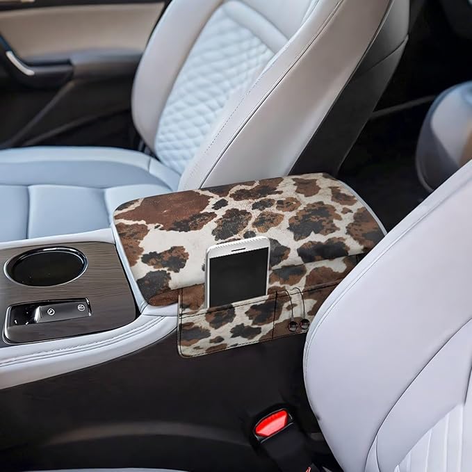 Wanyint Brown Black Cow Print Car Center Console Pad Soft Armrest Cover Protector with Pockets Storage Bag Scratch Resistant Arm Rest Covering Middle Console Pad Auto Decoration