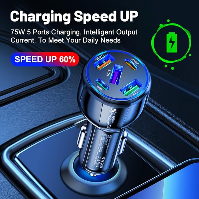 75W Ultra-Fast Car Charger, 30W/QC3.0/Type C 5-Port Smart Shunt 12 Volt Car Adapter Cigarette Lighter USB Charger Compatible with iPhone 14 Pro MAX/13,MacBook Pro,iPad Pro (3USB+2PDBlack)