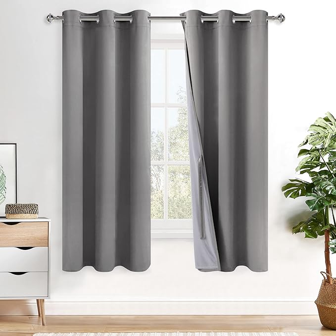 XWZO 100% Blackout Curtains with Tiebacks- 2 Thick Layers Completely Shaded Window Treatment Thermal Insulated Lined Drapes with Grommets for Bedroom/Laundry Room, Grey, W42 x L72, Set of 2
