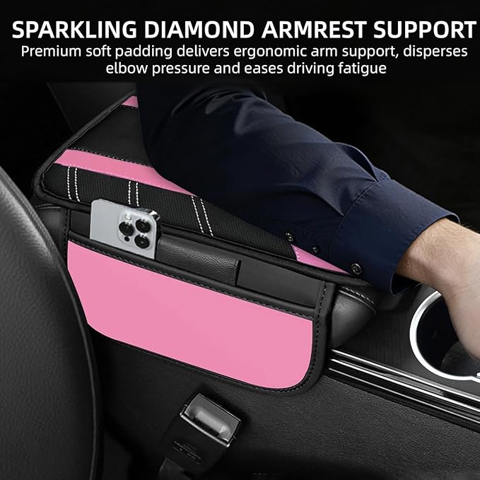 NBTEPEM Pink Center Console Cover, Sporty Leather Armrest Cover Cushion with 2 Storage Pockets, Universal Auto Middle Console Protector, Car Interior Accessories for Most SUV, Truck, Sedan Vehicles