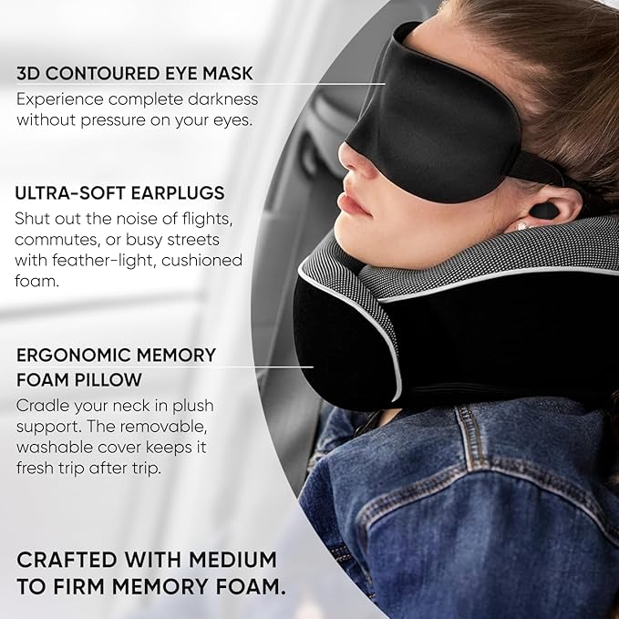 Proglobe Orthopedic Neck Pillow, Travel Neck Pillows for Airplanes, Memory Foam Kit, 360° Head Support, Airplane Pillow Set with 3D Contoured Eye Masks, Earplugs, and Luxury Mesh Bag (Black)