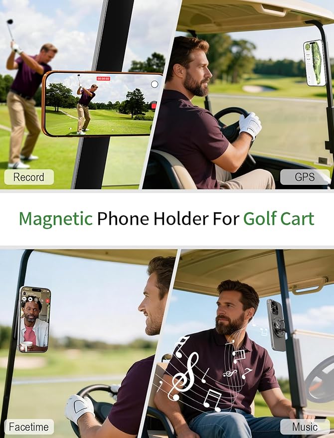 GBEAST Magnetic Golf Cart Phone Holder Compatible with MagSafe for iPhone 12-17 Series, 360° Rotation Golf Accessories for Men Women, N52 Magnets Phone Mount For EZGO/Club Car/Yamaha, Gifts for Golfer