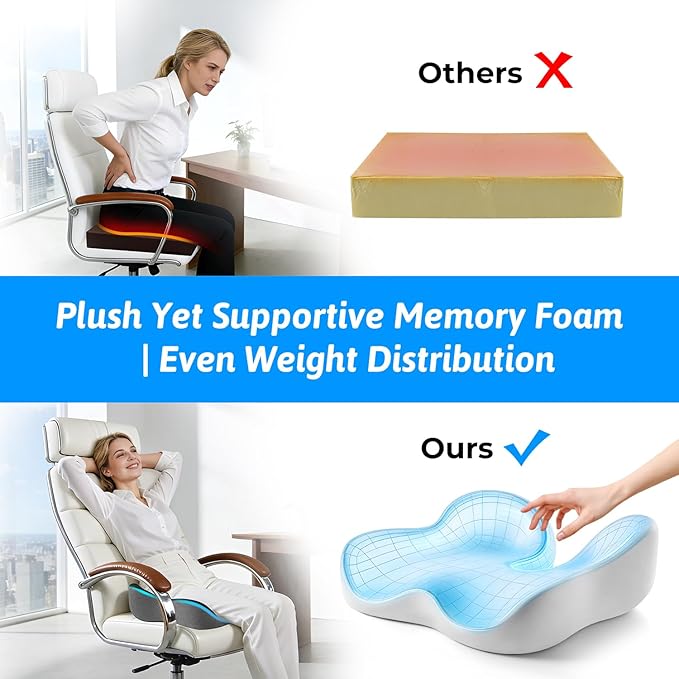 Seat Cushion for Tailbone & Sciatica Pain Relief - Plush Yet Supportive Ergonomic Memory Foam Chair Cushions for Office Chair, Car, Wheelchair,Airplane & Long Sitting