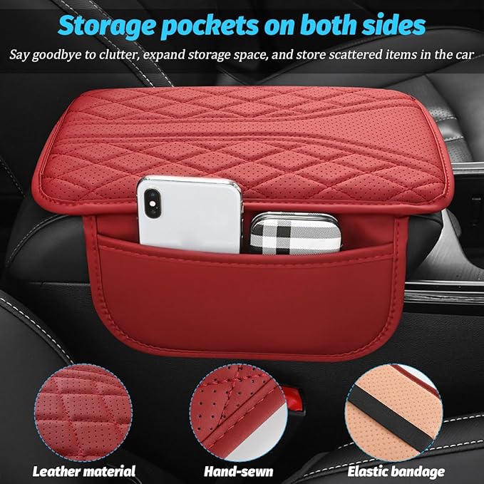 Car Center Console Cover, Leather Vehicle Armrest Box Pad with 2 Storage Bags, Automotive Interior Arm Rest Cushion Protector Accessories, Universal for SUV Sedan Truck (Brown)
