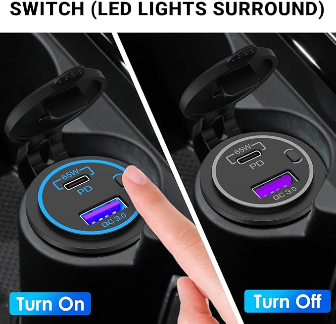 83W 12V USB Outlet Laptop Charger: 2 Pack 65W USB-C PD3.0 and 18W QC3.0 Multi Car Port 12V Socket Waterproof with Power Switch for Car Boat Marine Bus Truck Golf Cart RV Moto, etc.