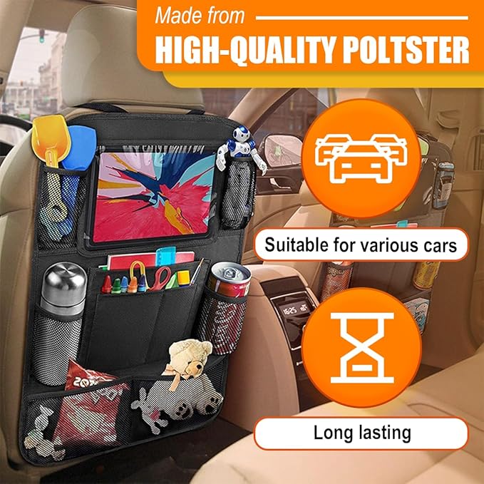 ZIMISI Car Backseat Organizer, Oxford Cloth Kick Mats Back Seat Protector with 9 Pockets & Clear Tablet Holder, Universal Waterproof Car Road Trip Essentials Storage Accessory (1PC)