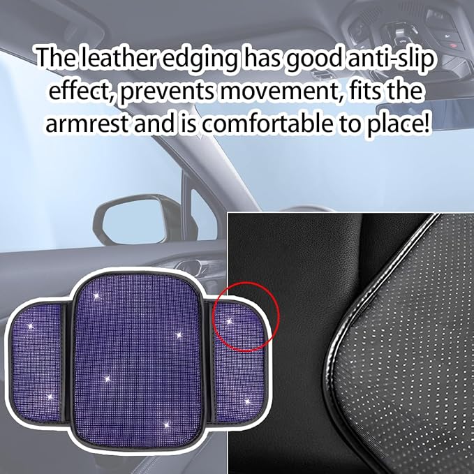 Bling Car Center Console Cover, Crystal Rhinestone Vehicle Armrest Cover Cushion with 2 Storage Bags for Women Girls, Diamond Auto Storage Box Protector Pad, Universal Fit (Purple)