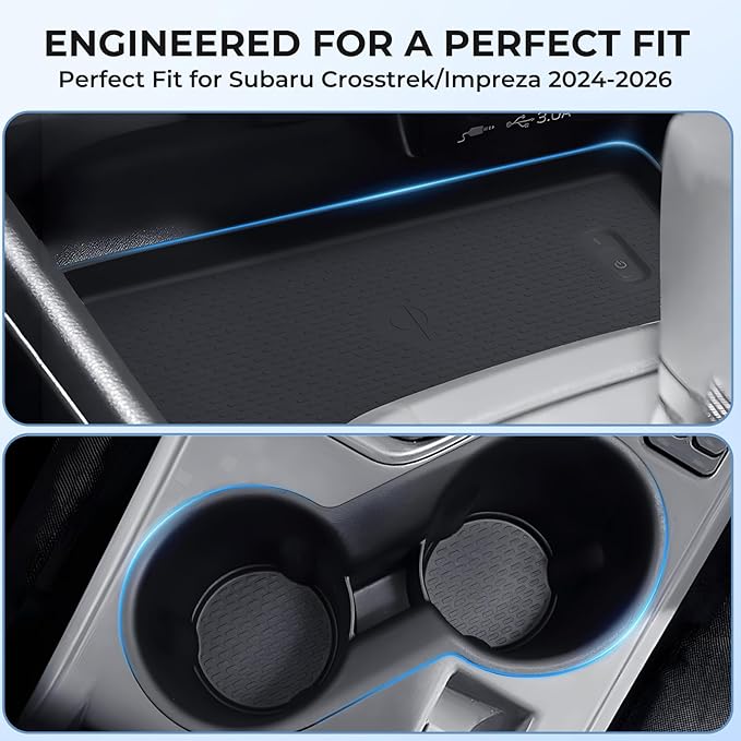 Cup Holder Insert & Wireless Charging Protective Mats for Subaru Crosstrek/Impreza 2026 2025 2024, Center Console Interior Accessories Cup Holder & Wireless Charger Cover Pad, Black